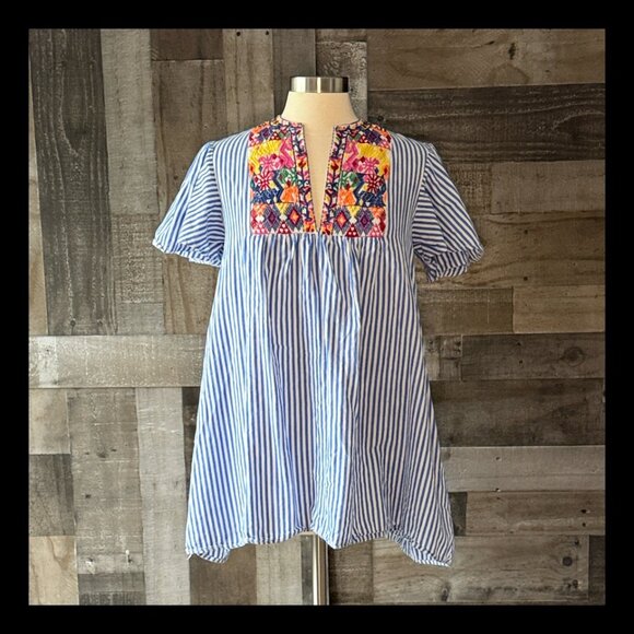 Dresses & Skirts - Blue white stripes v-neck fiesta dress large rainbow embroidery festival boho